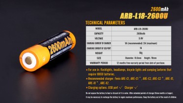 USB újratölthető elem Fenix 18650 2600 mAh (Li-ion)