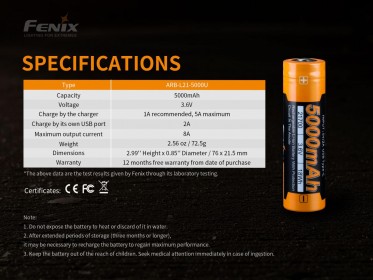 Fenix 21700 5000 mAh újratölthető elem USB-C-vel (Li-Ion)