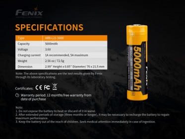 Újratölthető akkumulátor Fenix 21700 5000 mAh (Li-Ion)