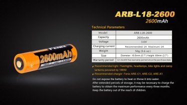 Fenix 18650 újratölthető akkumulátor 2600 mAh (Li-Ion)