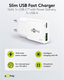 Hálózati GaN adapter USB-C + USB-A (30W)