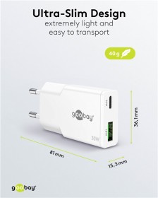 Hálózati GaN adapter USB-C + USB-A (30W)