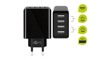 Négycsatornás hálózati USB adapter (összesen 6000 mA, 30W)