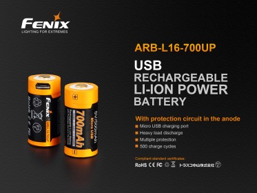 Újratölthető USB elem Fenix RCR123A / 16340 (Li-Ion) High Current