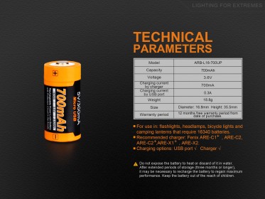 Újratölthető USB elem Fenix RCR123A / 16340 (Li-Ion) High Current